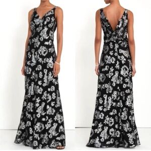 Lauren Ralph Lauren Maxi Gown 14 Black Silver Floral Metallic Drape Back NEW